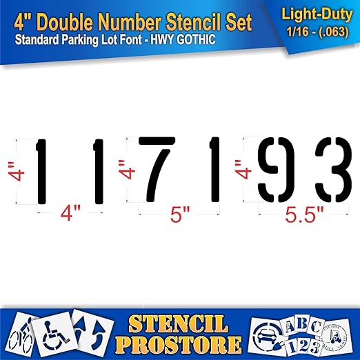 Pavement, Curb, and WheelStop Stencils - 4 inch Double Number Stencil Set - (00-99) - (102 Piece) - 4" x 5.5" x 1/16" (63 mil) - Light-Duty