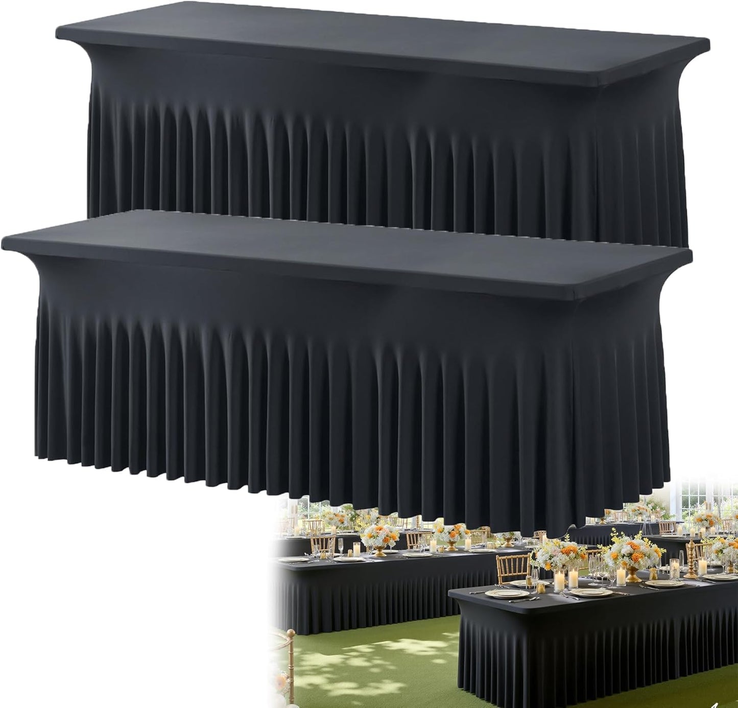 2pk Black 8ft Spandex Tablecloths for Rectangle Tables, Wrinkle Free Wavy Black Table Skirt Stretchy Fitted Table Cloth Covers 8 Foot for Weddings Birthday Party Events Banquette Baby Shower