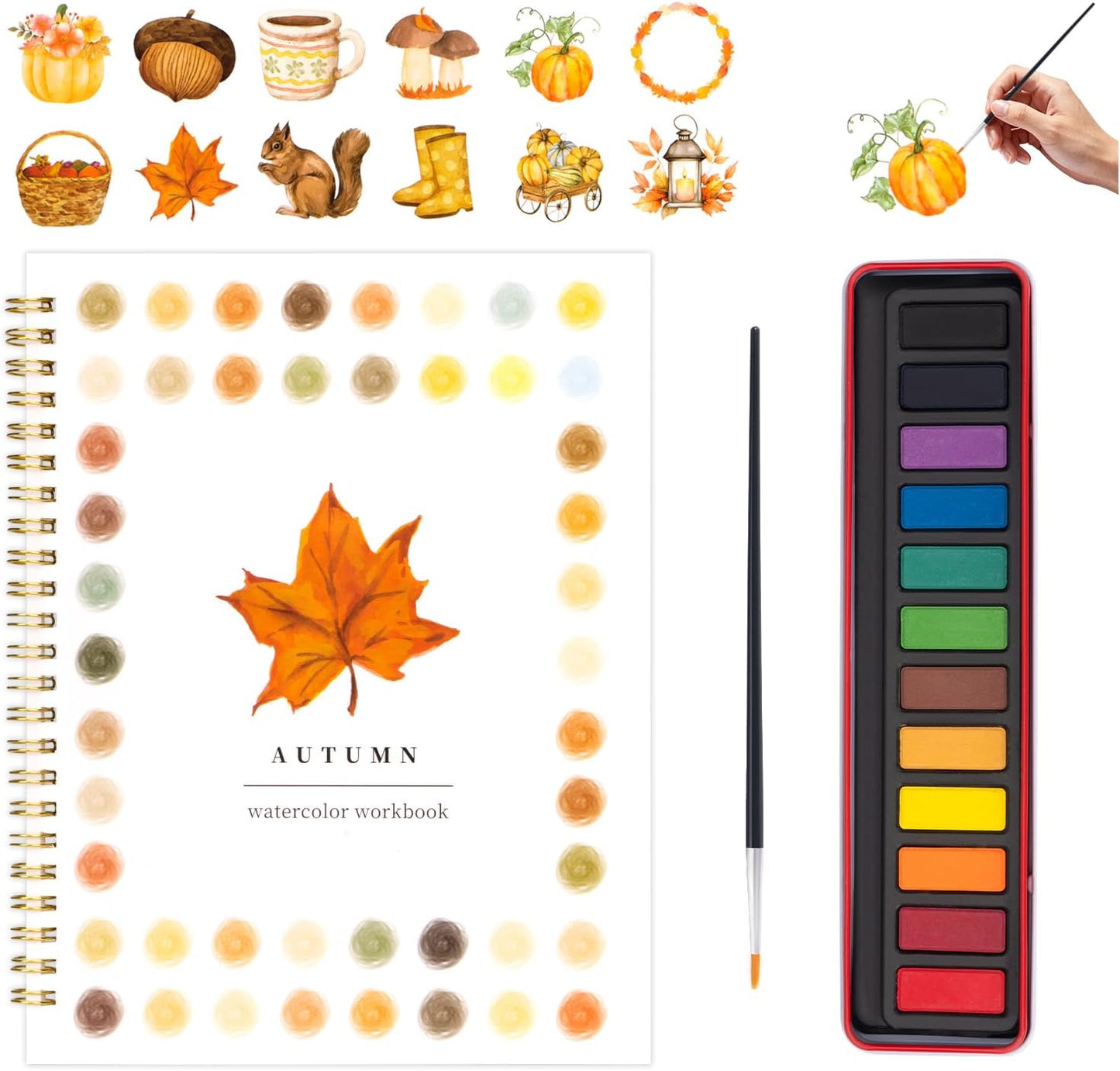 Kivzex Watercolor Workbook for Adults, Beginner Friendly Watercolor Painting Kit Autumn Water Coloring Book, Nature-Themed Practice Art Gift Water Color Paint Book with Palette and Brush