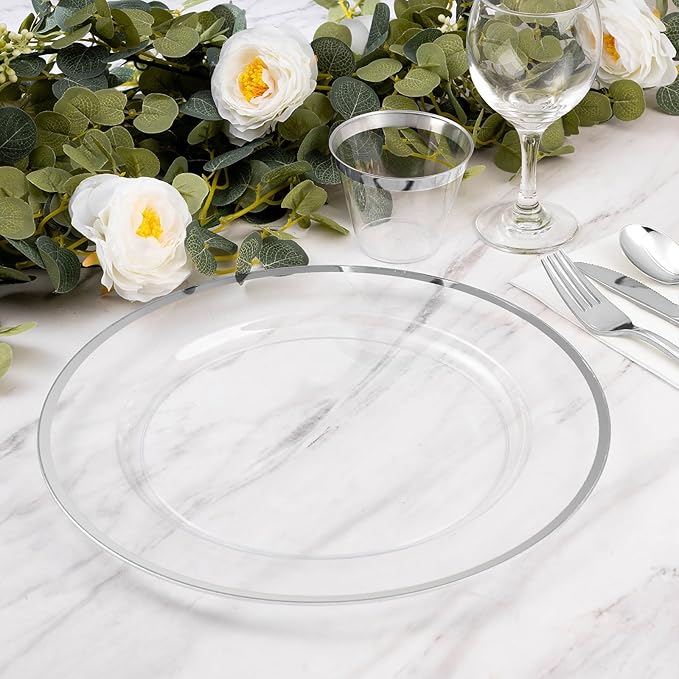 Goodluck 12 Inch Silver Charger Plates, 25 Pack Clear With Silver Trim, Disposable Plastic for Dinner, Wedding, Party