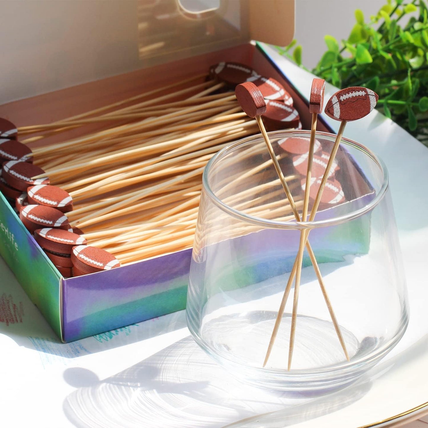 100pcs Football Cocktail Picks Decorative Toothpicks Fruit Sandwich Skewers Dessert Sticks for Rugby Ball Super Bowl League Sports Catered Events Decorations Party Supplies