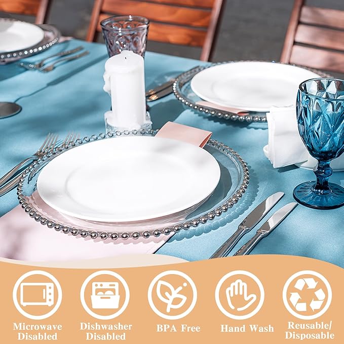 Hoolerry 50 Pack Clear Charger Plates Bulk 13 Inch Plastic Round Beaded Dinner Chargers Acrylic Frosted Grain Decorative Service Plates for Wedding Party Event, Home and Kitchen Tabletop (Silver)
