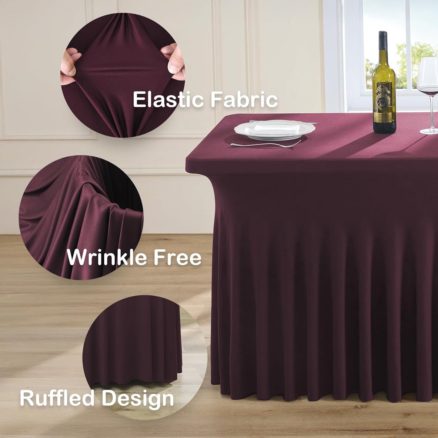 4pk Burgundy Spandex Tablecloths 6ft for Rectangle Tables, Wrinkle Free Classy Table Skirt Stretchy Fitted Table Cloths Covers 6 Foot for Weddings Birthday Party Events Banquette Baby Shower