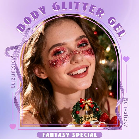 HOSAILY Roll-on Red Body Glitter Gel for Face Hair, Christmas Holographic Face Paint Glitter Mermaid Makeup, Sparkling Chunky Sequins Festival Party Rave Accessories Shimmer Makeup