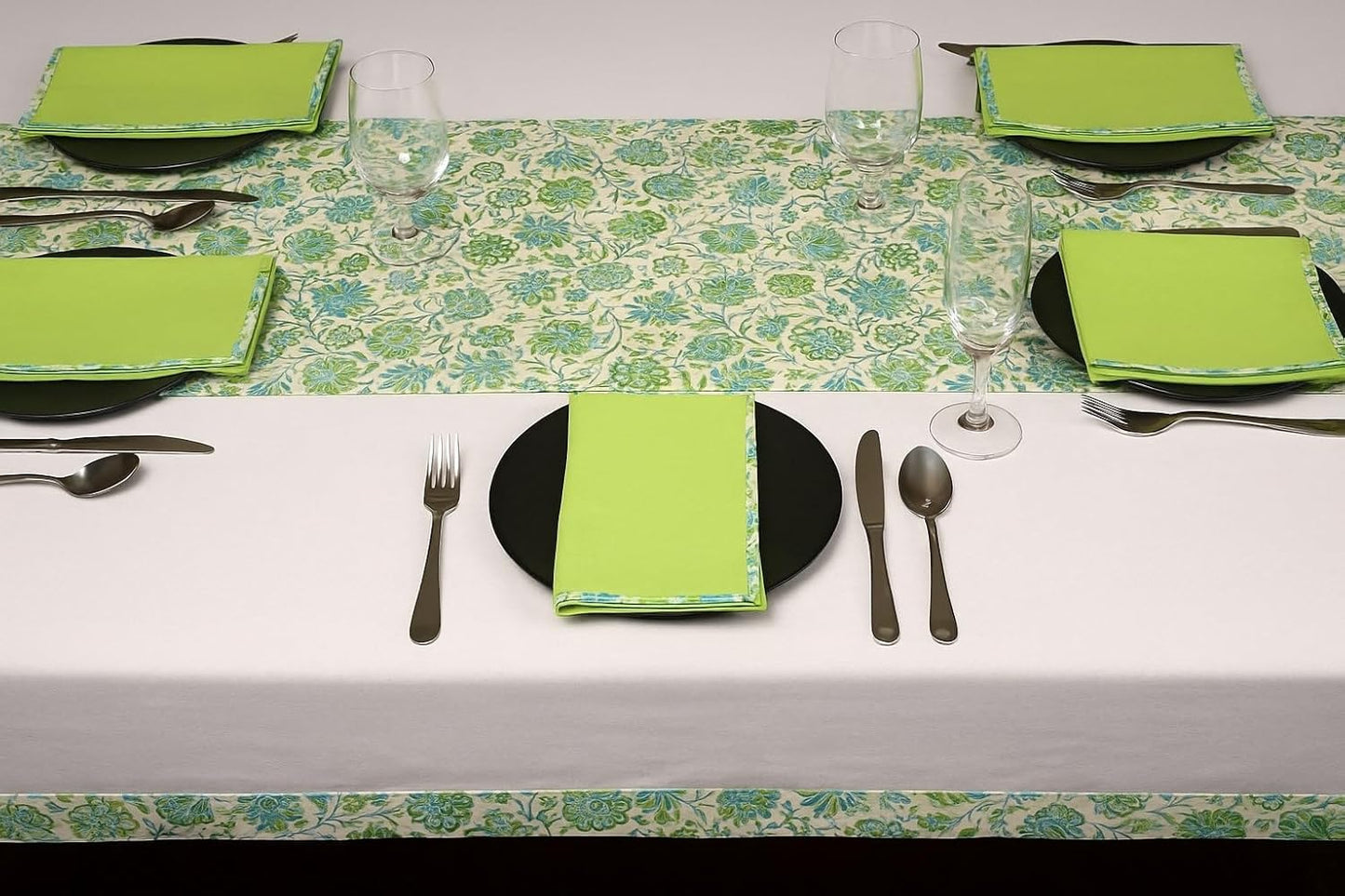 Touchstone Indtresor Indian Heritage Fabric Cotton Table Linen Reversible Set Runner Napkins Mats in Blue Green