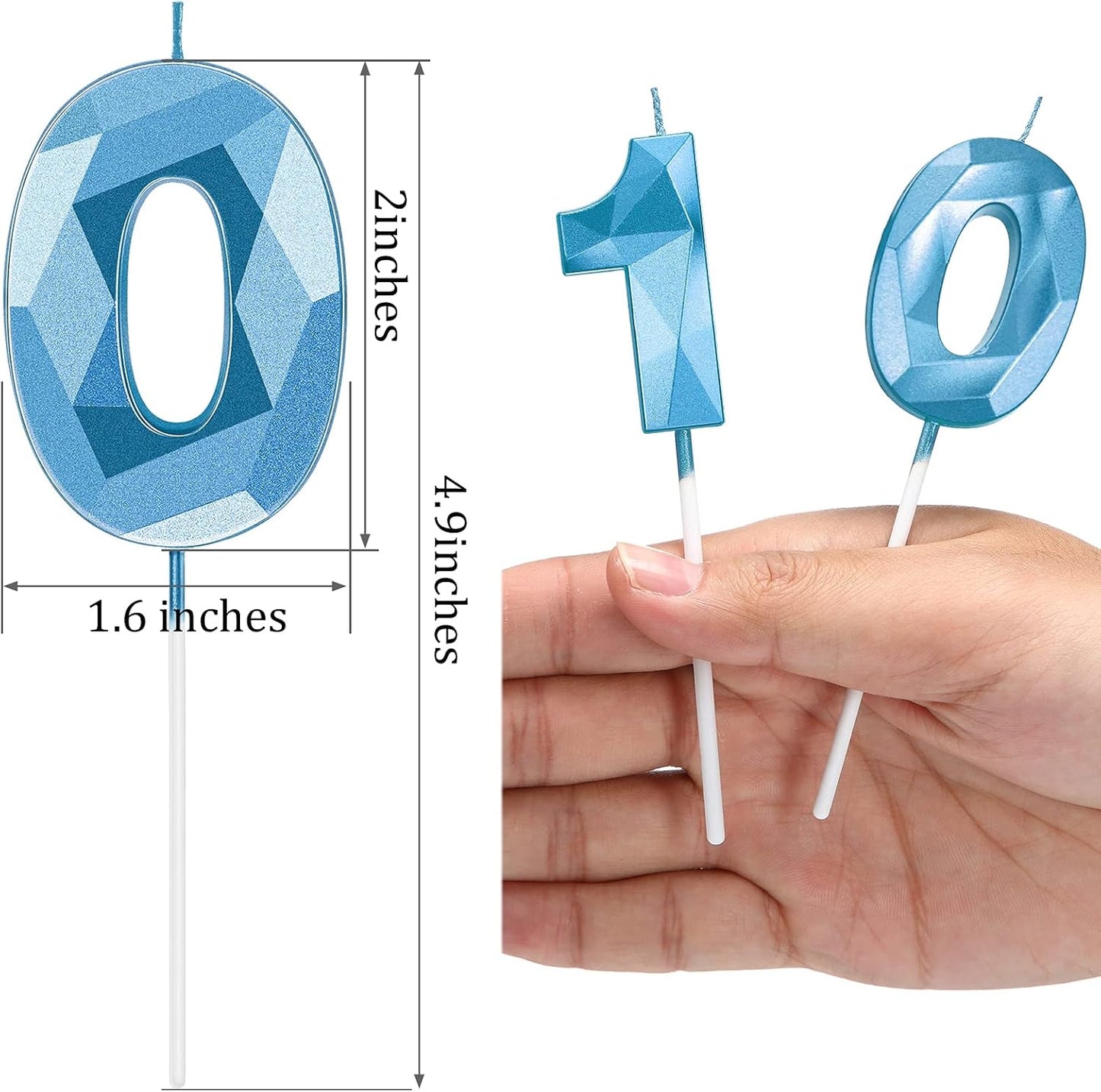 Nuanchu 10th Birthday Candles 3D Diamond Shape Number Candles Numeral Birthday Cake Topper Cake Candles for Family Baking Theme Party Decoration Cake Decorating Supplies (Blue)