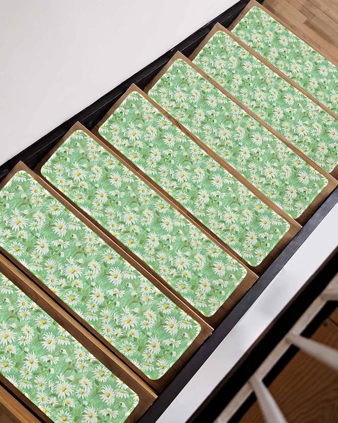 Spring Flowers Stair Treads Non Slip for Wooden Steps Watercolors White Daisy Green Field Botanical Stair Runner Carpet Reusable Adhesive Staircase Rugs for Dogs, Elders and Pets, 8x30 Inch, 10PCS