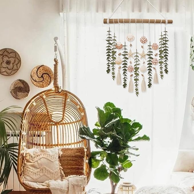 Bathroom Wall Decor Artificial Eucalyptus Boho Bedroom Decor Fake Eucalyptus Plants Leaves with Seashell on Stick Coastal Decor Natural Home Decorations for Living Room Nursery Kitchen