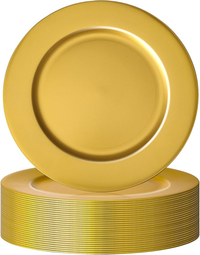 36 Pcs Golden Charger Plates Bulk,13 Inch Plastic Gold Plates Dinner Round Tray Charger Tableware Dish for Table Setting Wedding Holidays Party Decor