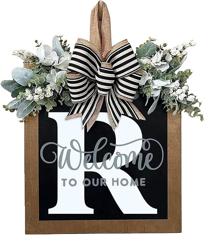 Last Name Year Round Front Door Wreath Front Porch Decoration 26 Letter Welcome Sign with Eucalyptus Garland and Bow Spring Wreaths for Front Door Outside Hanger Garland（R）