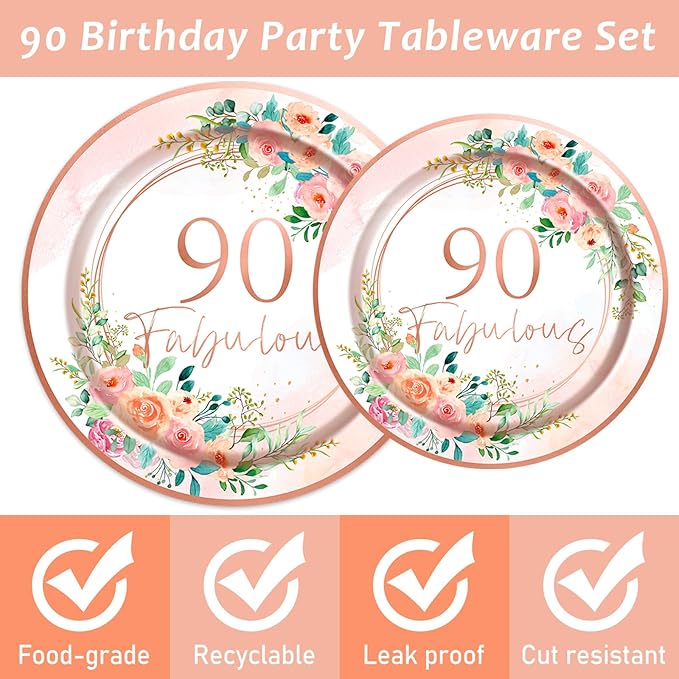 OBUSATT 96Pcs Floral 90 Fabulous Party Supplies 90th Birthday Paper Plates Napkins Rose Gold Party Decorations 90 Years Dinnerware Party Favor Women 90th Tableware Serves 24