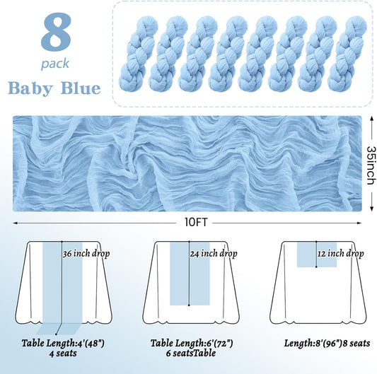 8Pack Light Blue Table Runner 10FT Cheesecloth Table Runner 35x120Inch Long Boho Cheese Cloth Table Runners Rustic Gauze Table Runners for Party Wedding Bridal Shower Baby Shower Decorations