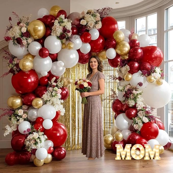 Red White Gold Balloon Arch Double Stuffed Burgundy Red Gold Pearl White Balloon Garland Kit Wine Latex Balloons for Moster's Day Birthday Wedding Engagement Graudation Party Decorations