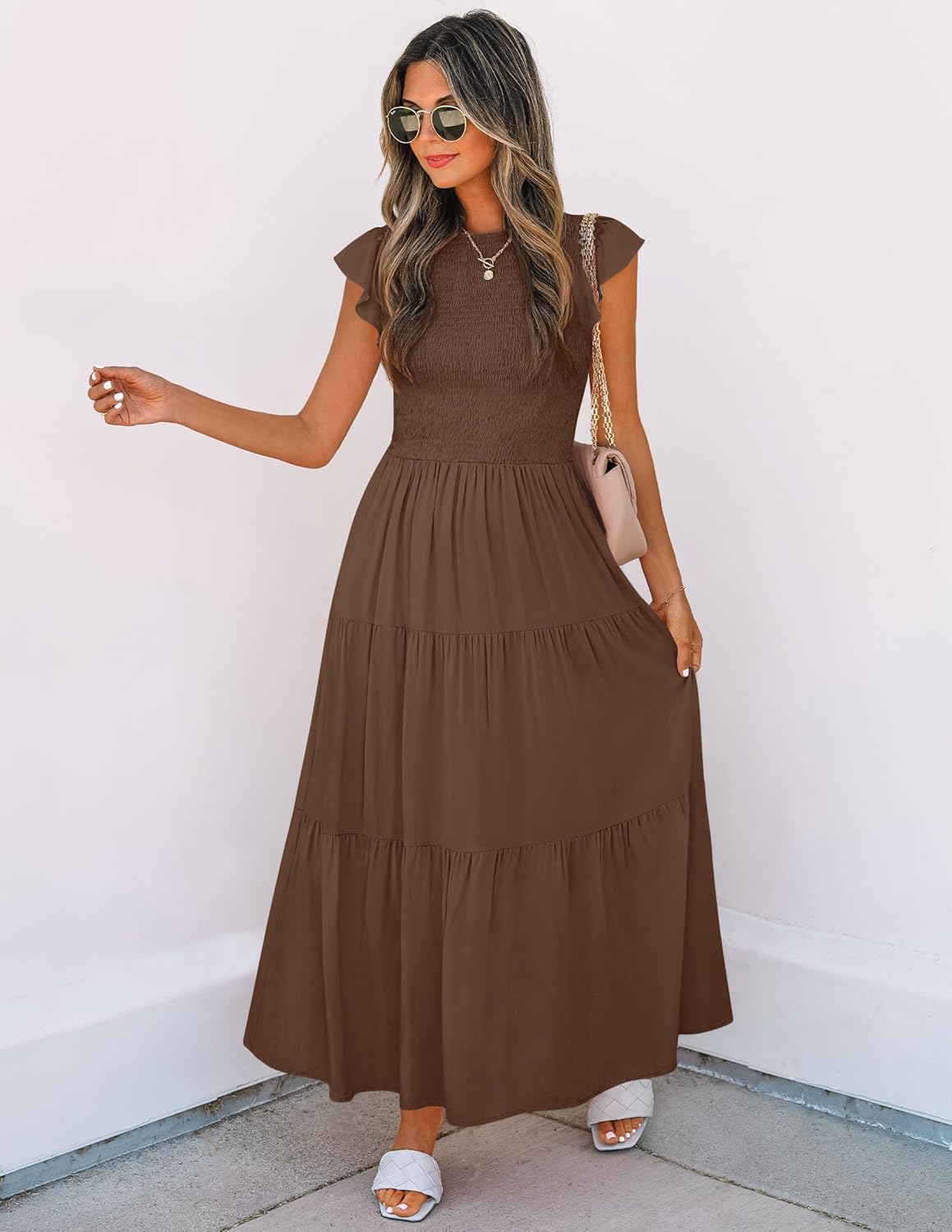 ZESICA Women's 2025 Summer Casual Flutter Short Sleeve Crew Neck Smocked Elastic Waist Tiered Midi Dress