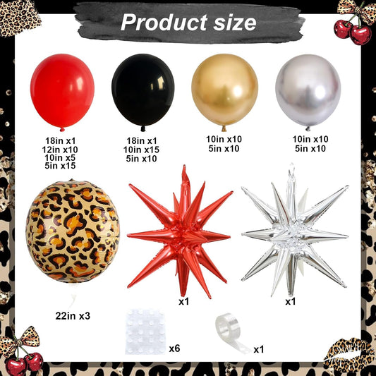 Red Black Gold Balloon Arch Garland Kit Leopard Cheetah Print Party Balloons Black Red Metallic Silver Gold Explosion Star Balloon for Girl Night Bachelorette New Year Casino Birthday Party Decoration