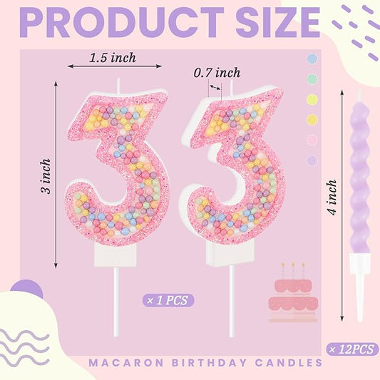 MTLEE Number 3 Birthday Candle with 12 Pcs Spiral Candles for Girls Macaron Pastel Rainbow Unicorn Pink Cake Topper for Sweet Theme Party Decoration