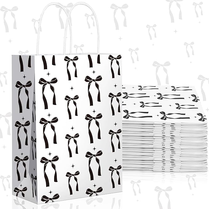Kolldenn 16 Pcs Coquette Black Bow Paper Gift Bags Women Mother's Day Birthday Favor Goodie Candy Bags with Handles for Bridal Engagement Baby Shower Party Supplies
