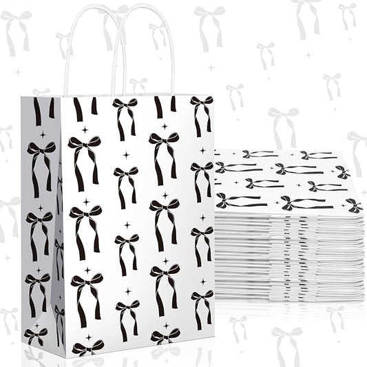 Kolldenn 16 Pcs Coquette Black Bow Paper Gift Bags Women Mother's Day Birthday Favor Goodie Candy Bags with Handles for Bridal Engagement Baby Shower Party Supplies
