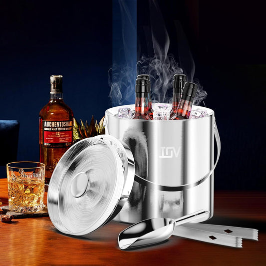 IOV Ice Bucket with Lid, Scoop, Tongs, and Strainer, 3 L Stainless Steel Double Wall Insulated Ice Bucket for Parties, Keeps Ice Frozen Longer, Ideal for Cocktail Bars, Freezers, and Wine - Silver