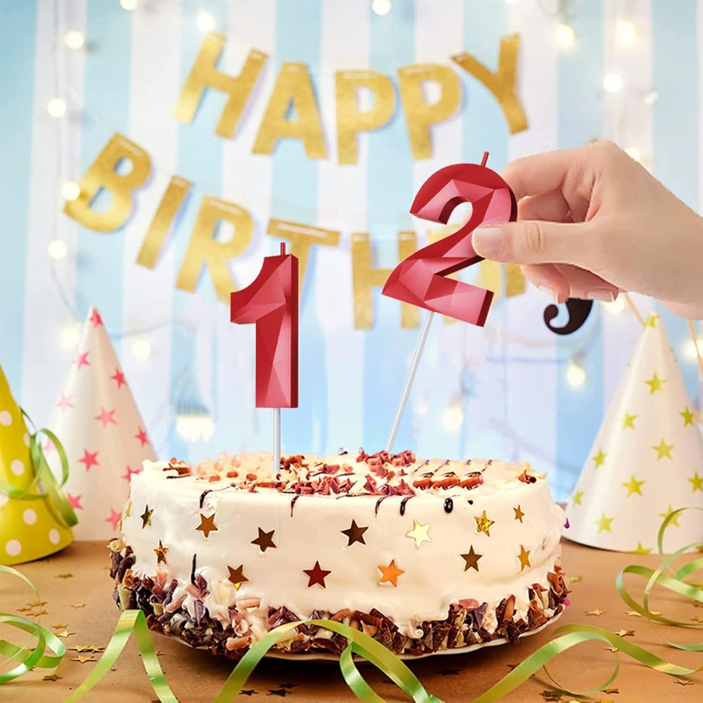 Number Birthday Candles(3 Candle Red) 3D Diamond Shape Number Happy Birthday Cake Candles for Birthday Party Wedding Decoration Reunions Theme Party