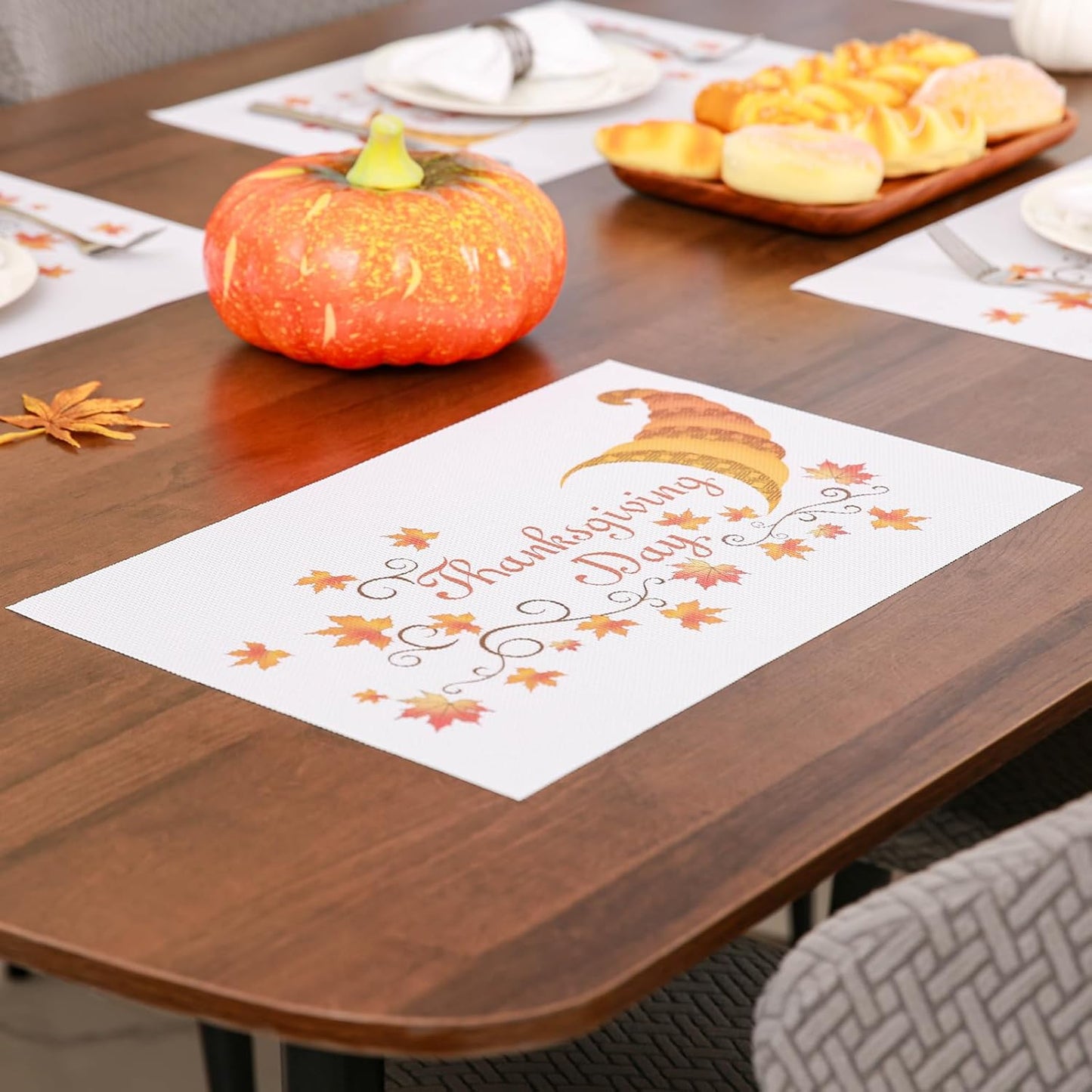 Thanksgiving Placemats Set of 6 Fall Place Mats Pumpkin Maple Leaves Table Mats Washable Non-Slip Heatproof Woven Placemats for Dining Table (17.7" X 11.8")