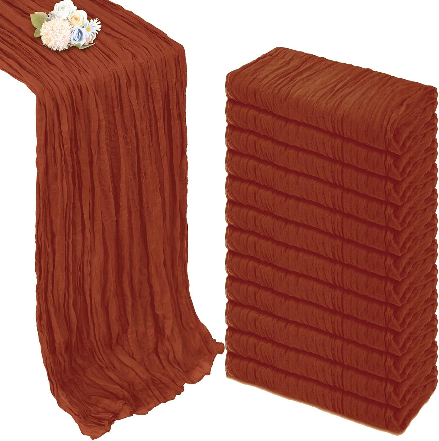 12 Pack Thanksgiving Fall Table Runner Terracotta Cheesecloth 10ft Boho Gauze Fabric Cheese Cloth Burnt Orange Table Runner 35 x 120 Inch Rustic Sheer for Wedding Décor Party Centerpiece Decoration