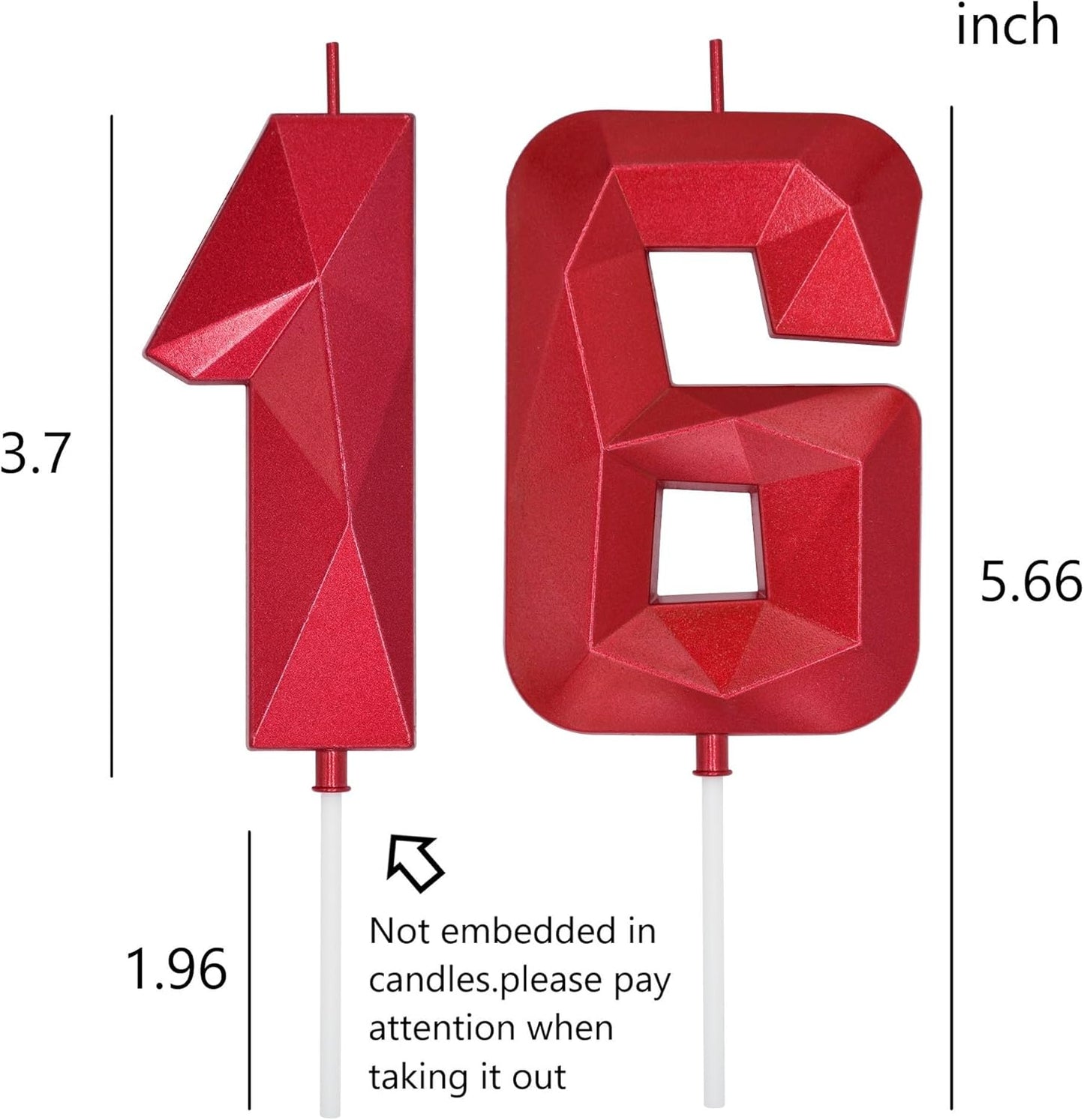DERVENTA Birthday Candles Big Numbers 3D Red 3.7 inch Party Cake Topper 1 Piece (Number 16 Red)