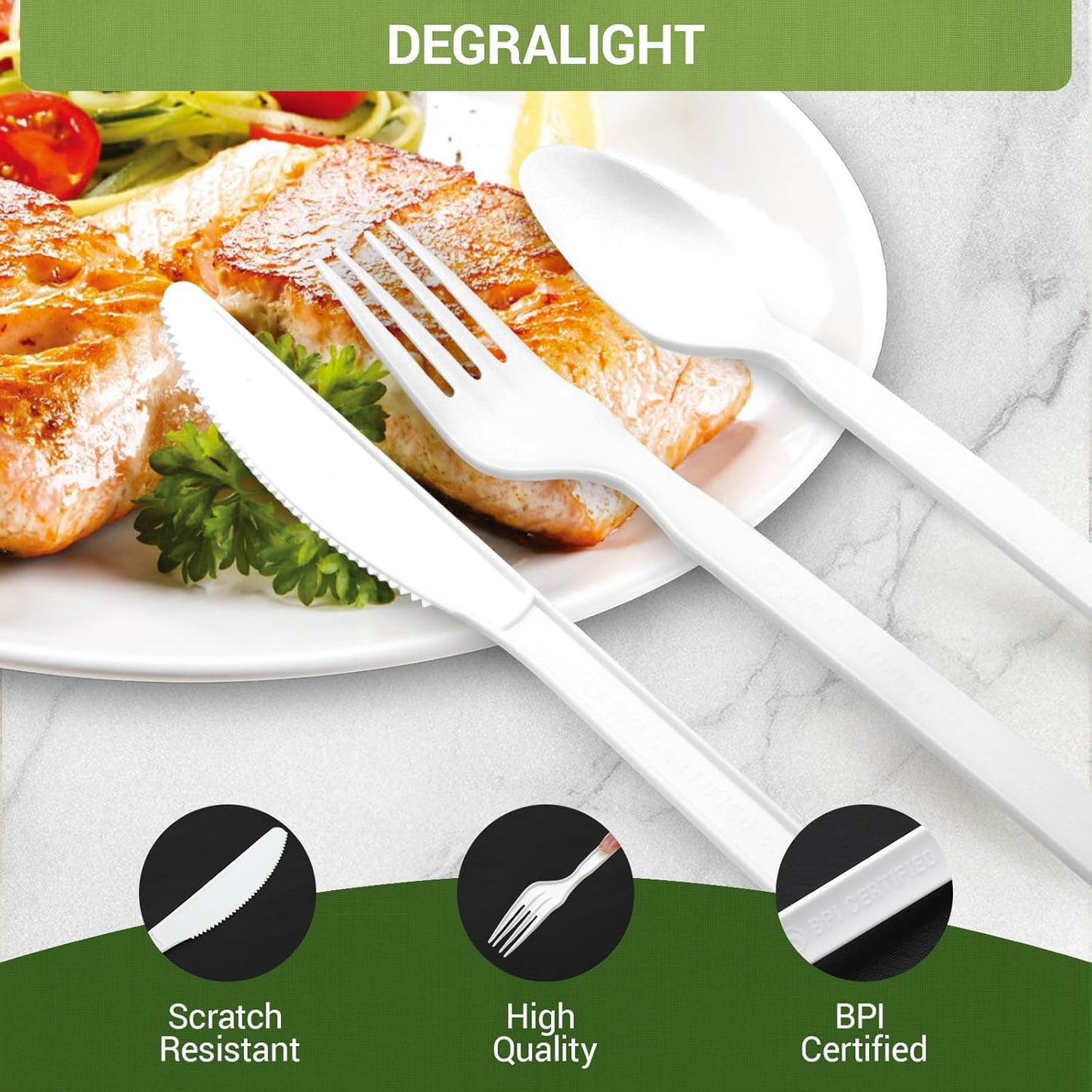 Disposable Cutlery Set - 160 Pcs BPI Certified Disposable Utensils with 60 Compostable Forks, 50 CPLA Spoons and 50 Disposable Knives, Eco-Friendly Compostable Cutlery for Thanksgiving Day & Daily