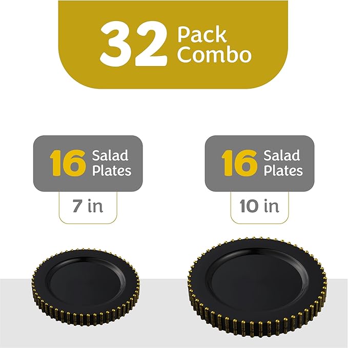 PLASTICPRO 32 Piece Combo Plastic Dinner Plates Disposable Plastic Fancy Heavy Duty Party Dishes 7 inch and 10 inch, Black and Gold Beaded