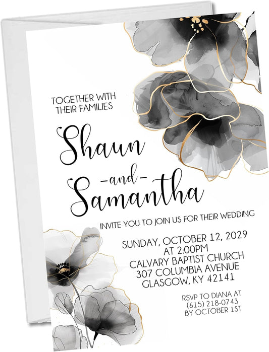 Black & White Wedding Invitations, Modern Black Design, Personalized, Set of 12 Invitations with Envelopes