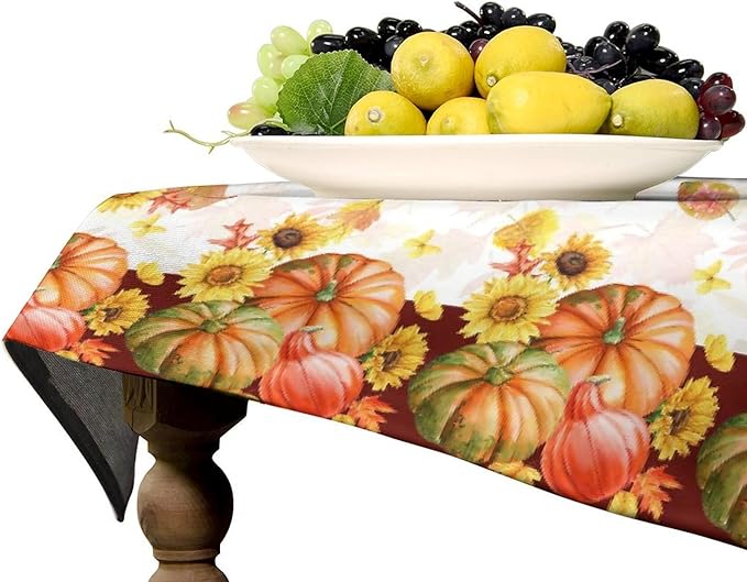 Autumn Thanksgiving Pumpkin Tablecloth, Vintage Retro Maple Leaves Watercolor Yellow Sunflower Fall Harvest Table Cover for Party Picnic Dinner Kitchen 60x110 Inch Rectangle