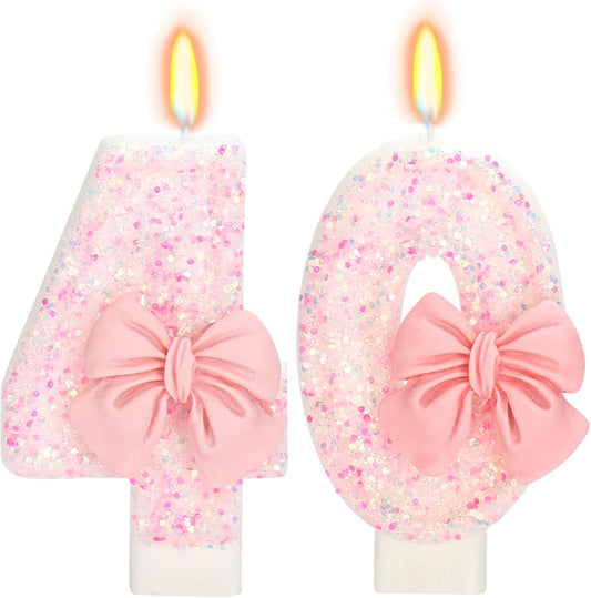 40th Birthday Number Cake Candles, Pink Bow, 2.76 inch, 2 Pack, Modern Style, Smokeless, Non-Toxic, Birthday Decoration