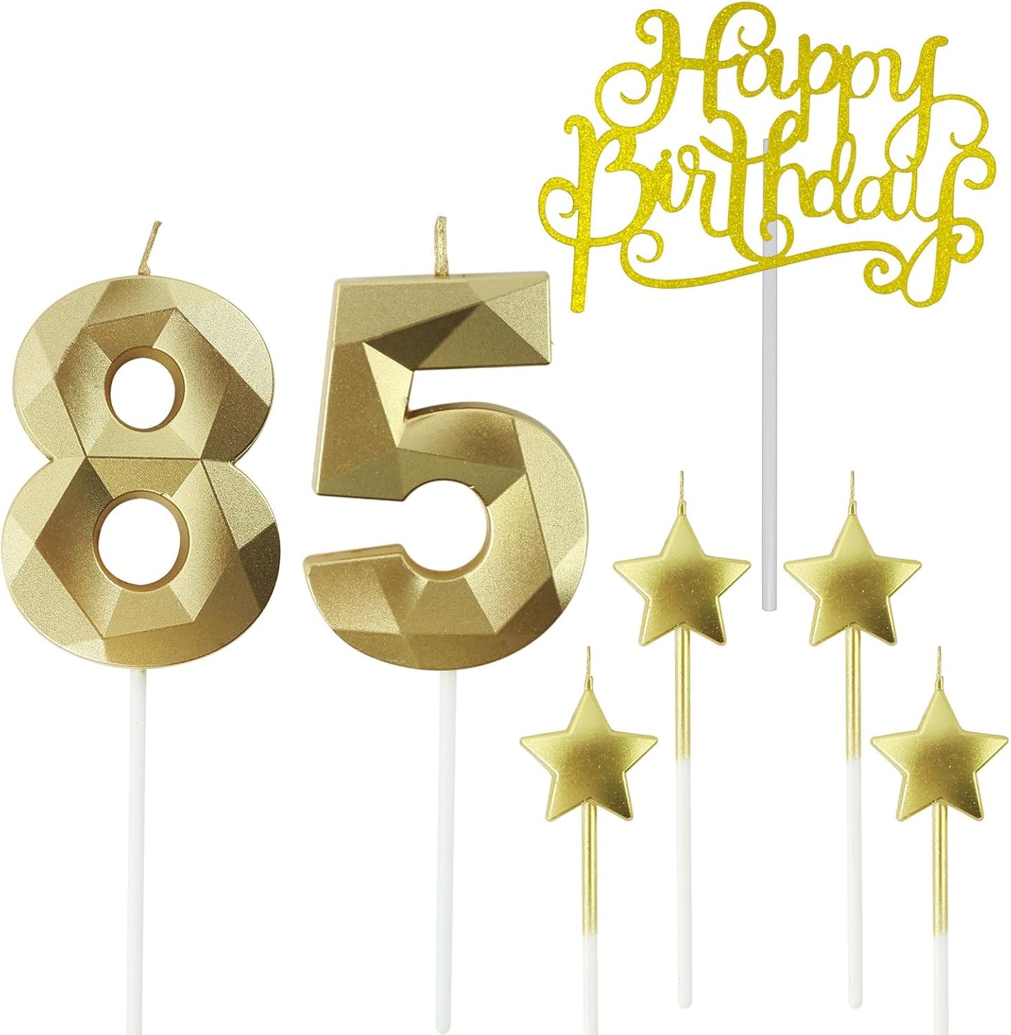Golden Number 85 Birthday Candles and Star Birthday Candles 2.76 inch Birthday Cake Candles 3D Diamond Shaped Candles are Suitable for Birthday Parties and Anniversary Cake Decorations Candles