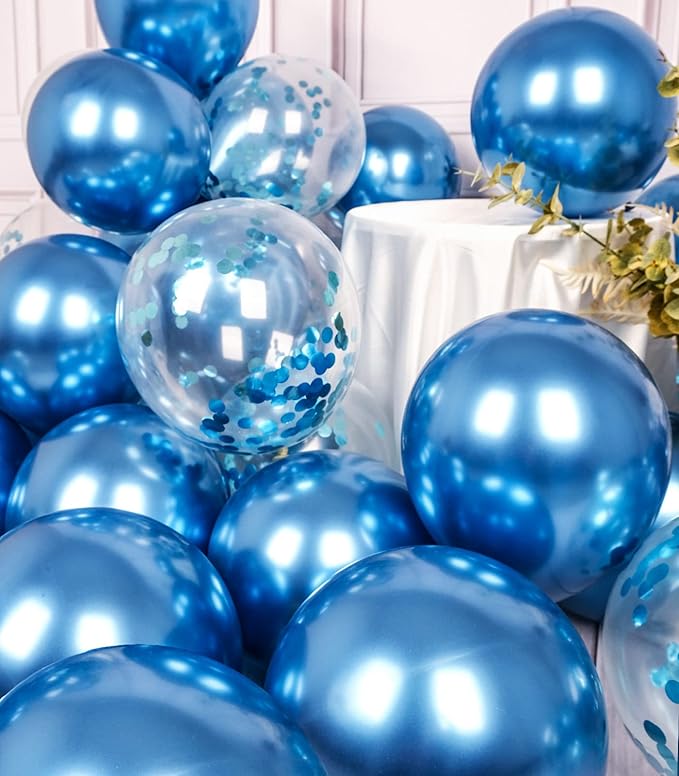 SUWEN Metallic Blue Balloons and Confetti Balloons Set 47PCS Latex Helium Chrome Royal Blue Balloon for Birthday Graduation Party Decorations
