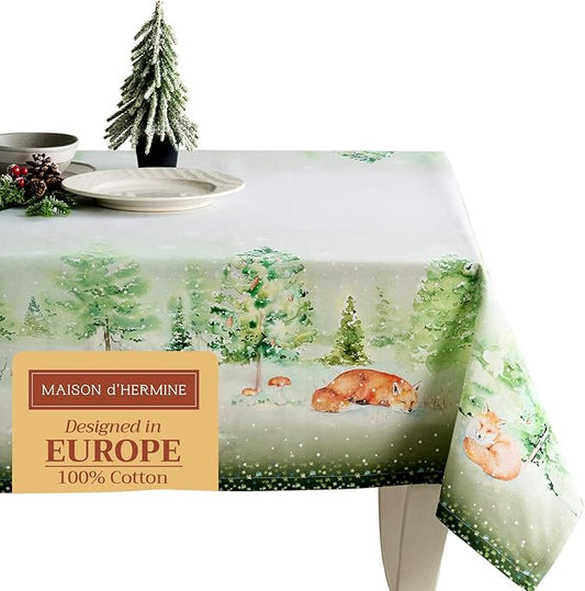 Maison d' Hermine Table Cloth Rectangle Table 100% Cotton 70 x 120 Inches Fall Tablecloth Reusable Everyday Use for Thanksgiving Christmas Decorations Dining Farmhouse Party (Winter Mornings)