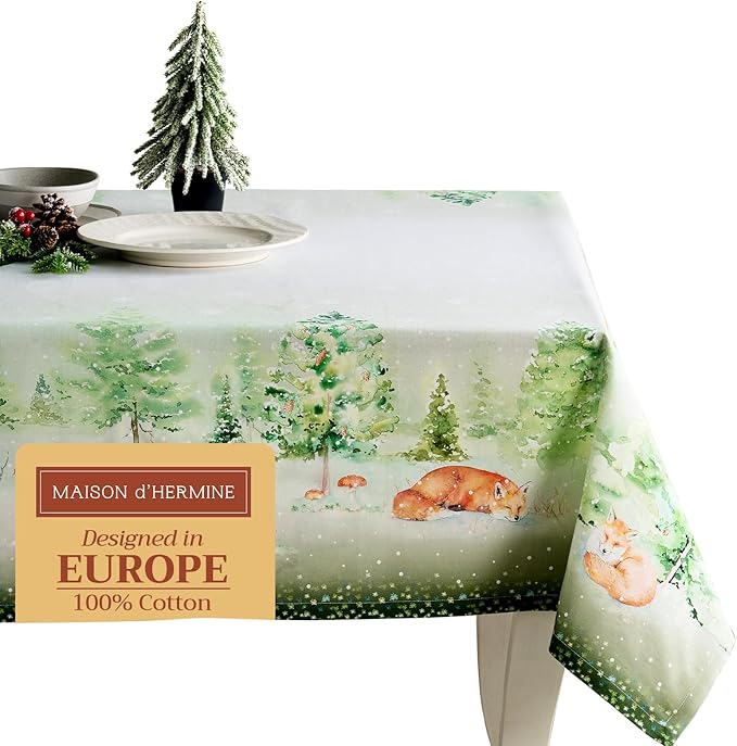 Maison d' Hermine Table Cloth Rectangle Table 100% Cotton 60 x 108 Inches Fall Tablecloth Reusable Everyday Use for Thanksgiving Christmas Decorations Dining Farmhouse Party (Winter Mornings)