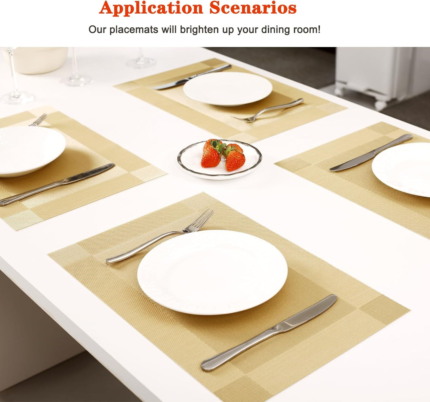 Placemats Set of 8,Washable,Heat and Stain Resistant Indoor/Outdoor Place mats,Vinyl Woven Non Slip Table Mats for Restaurant Table Protection,PVC Placemats(Gold,8PCS)