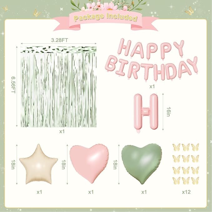 Pink and Green Birthday Decorations for Women Girls, Sage Green Pink Sand White Gold Foil Confetti Balloons Happy birthday Banner Gold Butterfly Fringe Curtains Birthday Decorations