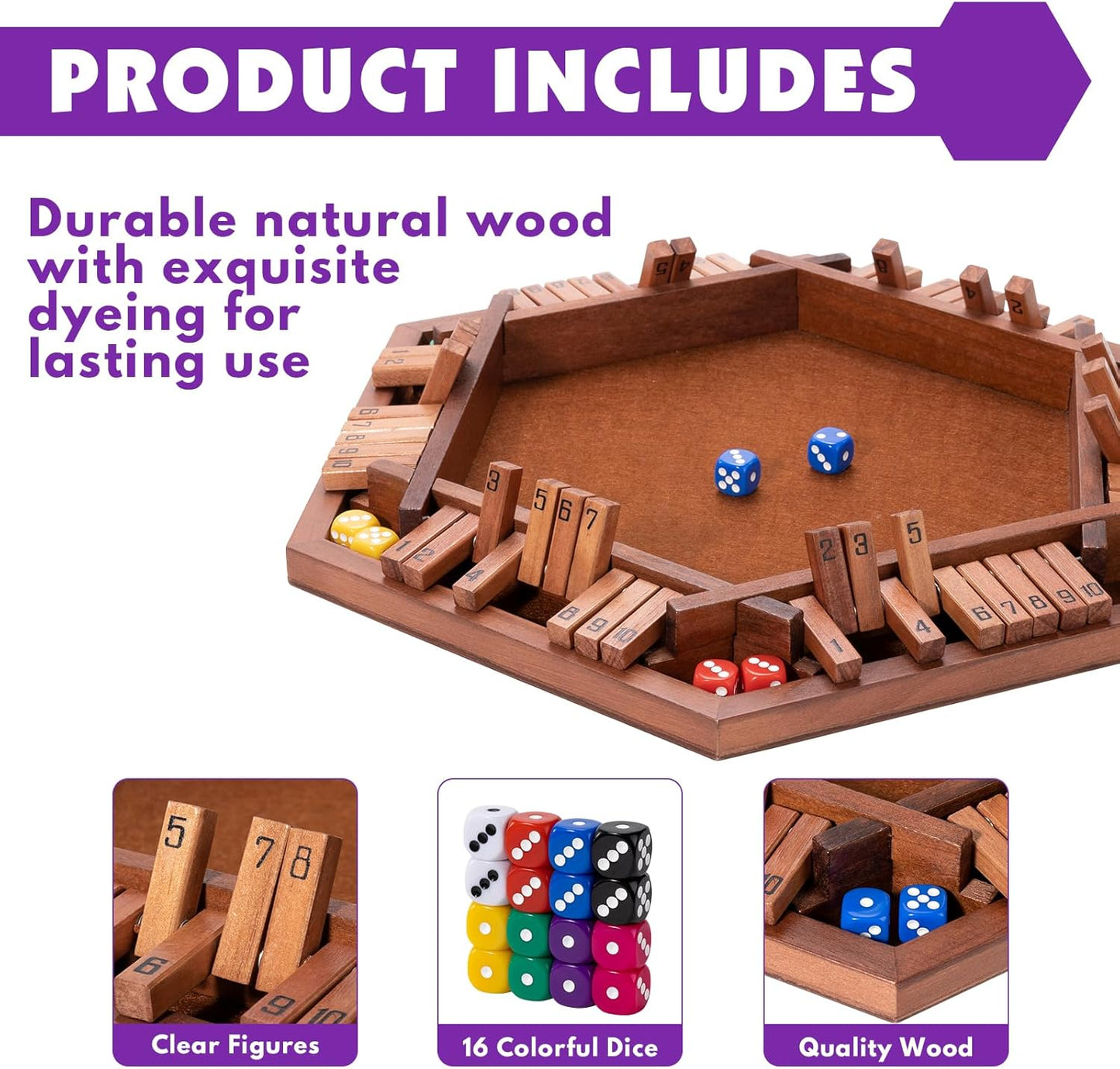 Shut The Box Premium Wooden Dice Game - Handcrafted Board Game 2-6 Players, Educational Math Learning Games for Kids Adults, Classic Pub Games Family Party Gift Set