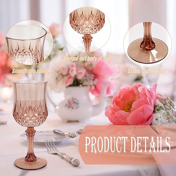 48 PCS Rose Gold Plastic Wine Glasses，Cordial Glasses，Goblets，Can be Used for Weddings, Everyday Fun Parties and More!