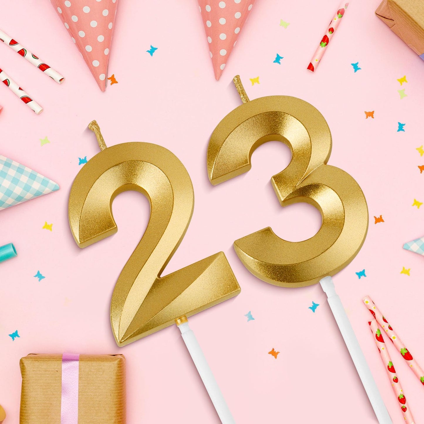 Birthday Candles, 1.96 Inch Number 23 Happy Birthday Candles, Number Candles Decoration for Birthday Party and Anniversary Celebration(Champagne Gold)