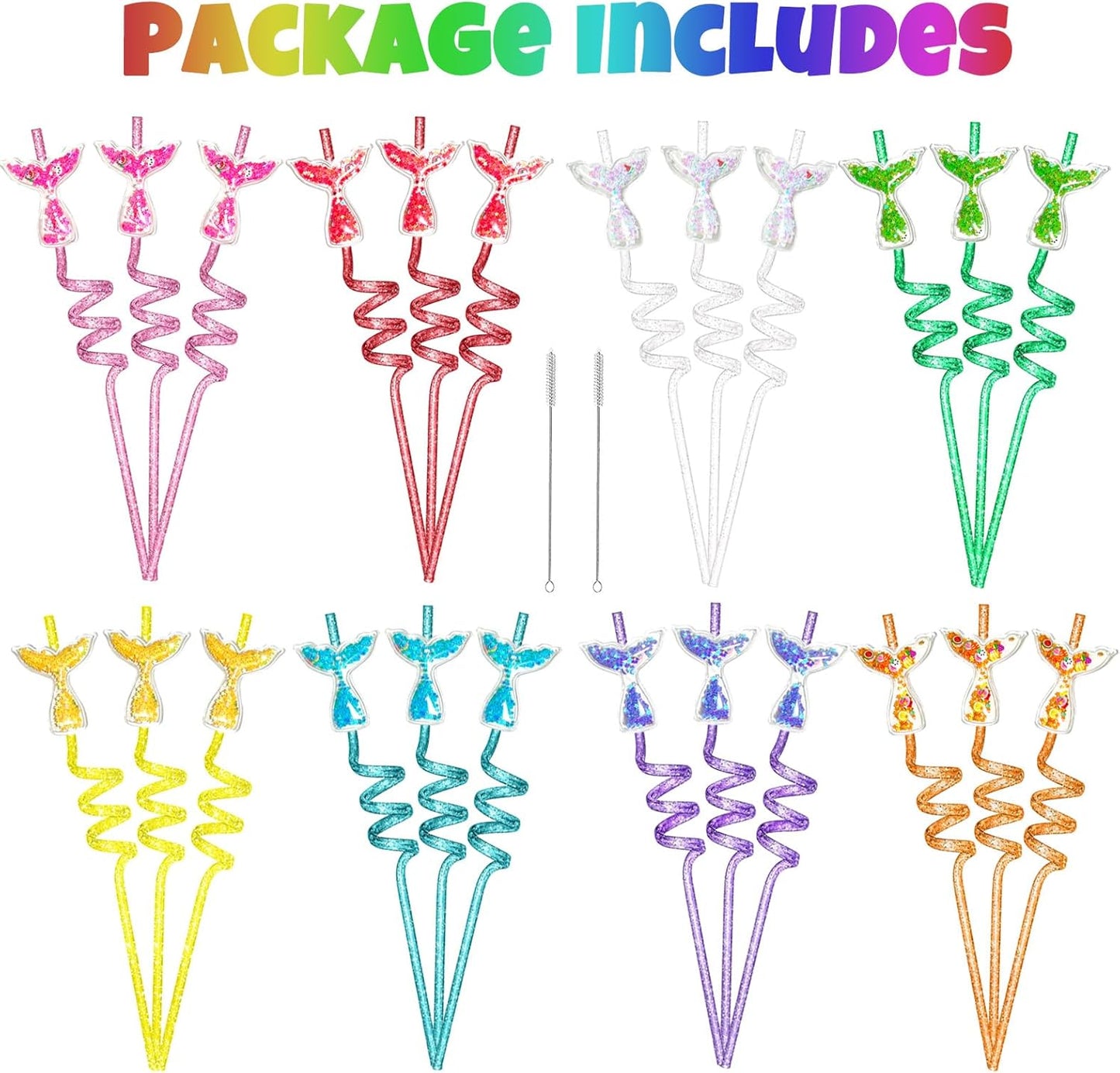 TUWUNA 24pcs Mermaid Party Favors Glitter Mermaid Tail Straws Glitter Drinking Straws Goodie Gifts for Birthday Party Supplies Decorations with 2 Clean Brushes