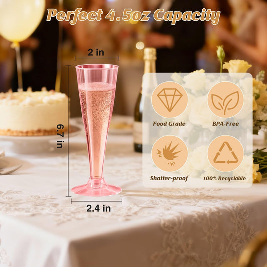 100 Pack Pink Champagne Flutes Plastic Wine Glasses Disposable, 4.5 Oz Clear Mimosa Glasses for 2025 Engagement Wedding Birthday New Years Eve Xmas Party Supplies, Bulk Toasting Cocktail Cups