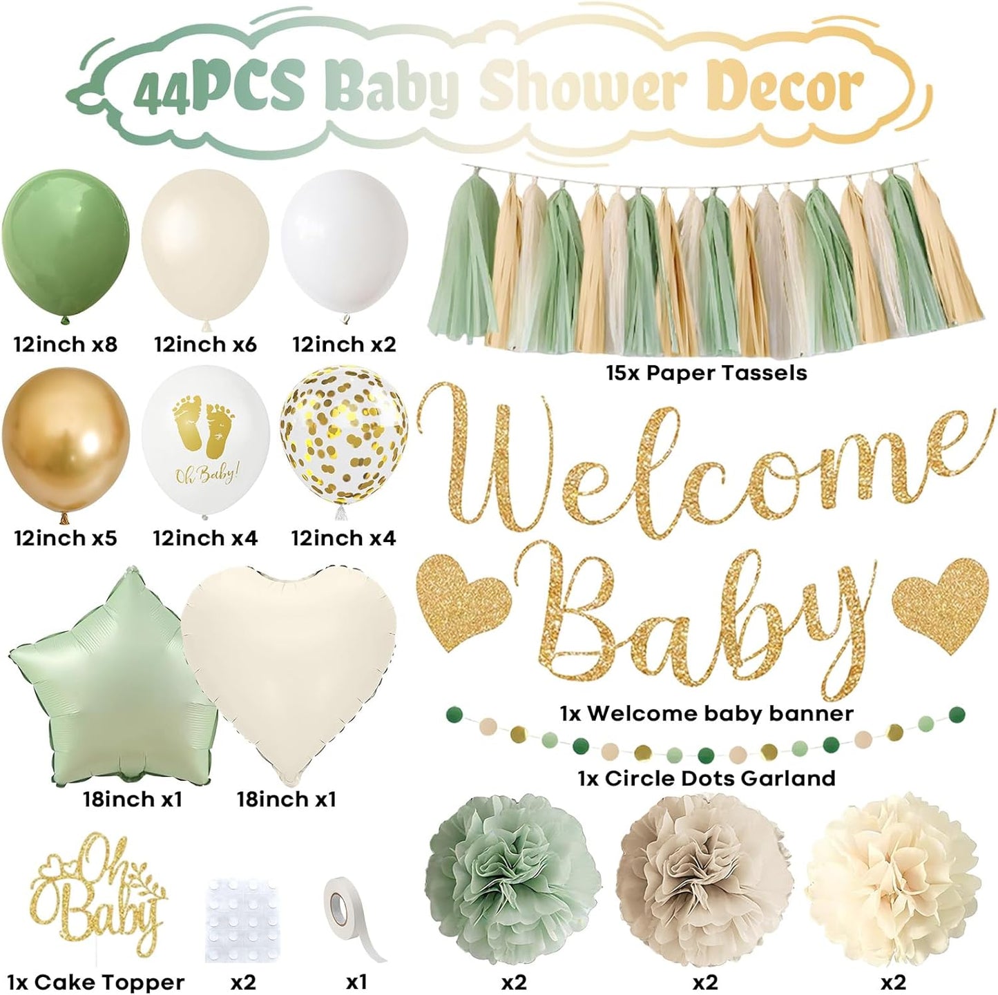 Sage Green Baby Shower Decorations, Welcome Baby Banner Olive Green Gold White Sand Confetti Latex Foil Balloons with Oh Baby Cake Topper Pom Poms Tassels for Boho Neutral Gender Reveal Party Supplies