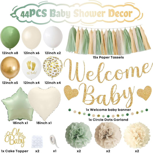 Sage Green Baby Shower Decorations, Welcome Baby Banner Olive Green Gold White Sand Confetti Latex Foil Balloons with Oh Baby Cake Topper Pom Poms Tassels for Boho Neutral Gender Reveal Party Supplies
