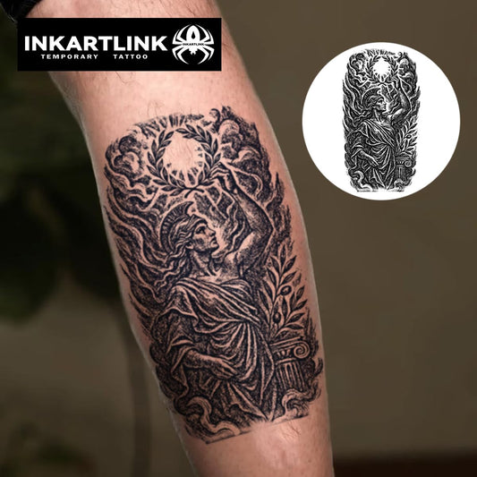 INKARTLINK Tattoo Tech, 2 Sheets Medium Semi Permanent Tattoo, Adult Art Design Temporary Tattoos, Lasts 1-2 Weeks, Waterproof, Realistic Look, No Reflection (Laurel - Bearing Figure)
