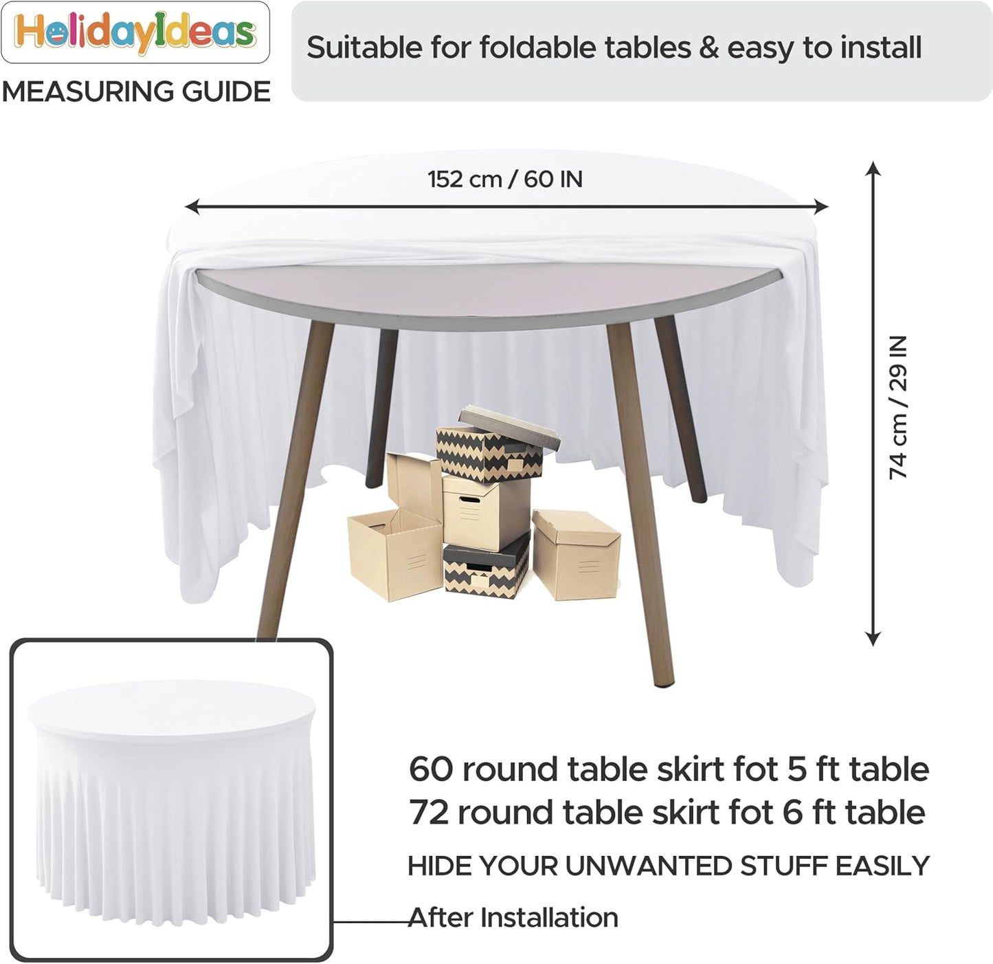 HolidayIdeas White Spandex Wedding Tablecloths for 60in Round Table, 5ft Fitted Stretch Table Skirts 120 Inch, Wrinkle-Free Ruffle Design Tablecloths for Banquets,Trade Shows, Parties, Events, 4 Pack