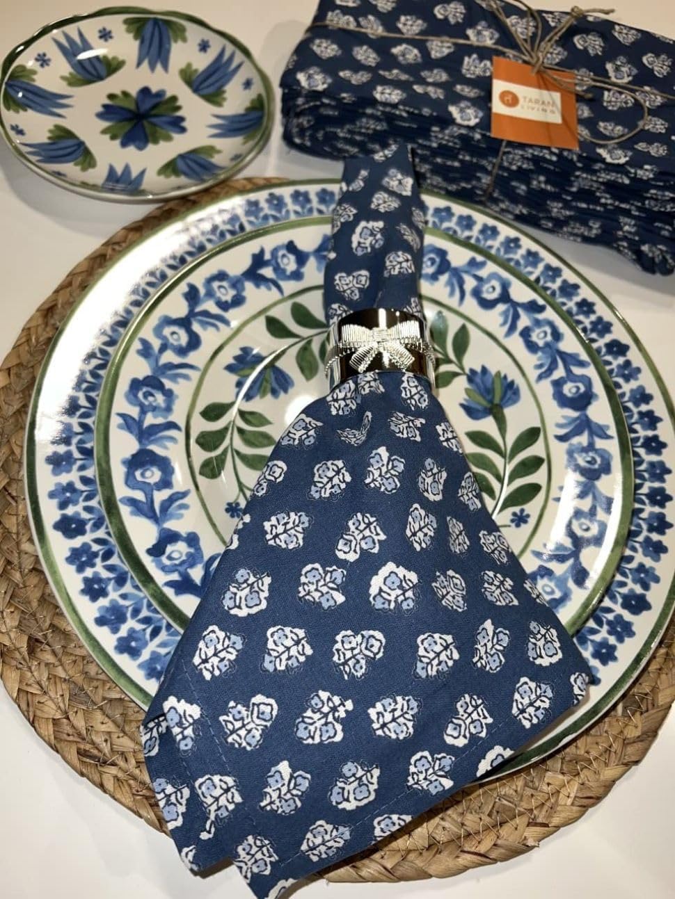 TARAN LIVING Cotton Cloth Napkins Reusable Floral Napkin Printed Dinner Napkin Set Cloth Daily Use Machine Washable Dish Cloth Gift for Valentine Home Decor Set of 12, Indigo Blue, 18x18 Inches