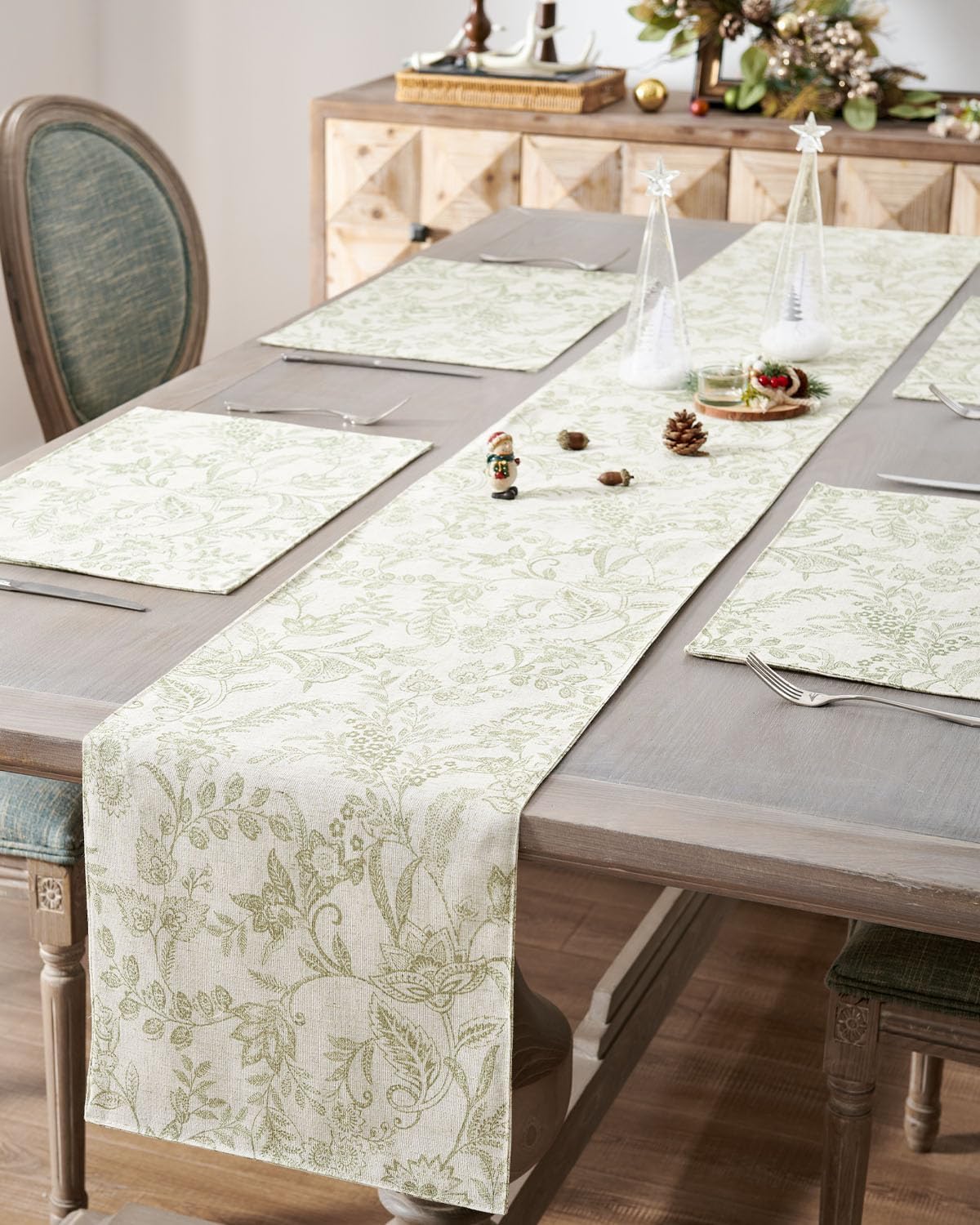 jinchan Spring Table Runner Linen Farmhouse Table Cloth Green Floral Decorative 72 Inch Botanic Printed Burlap Handcrafted Flax Coffee Table Decor 1 Panel Sage Green on Beige