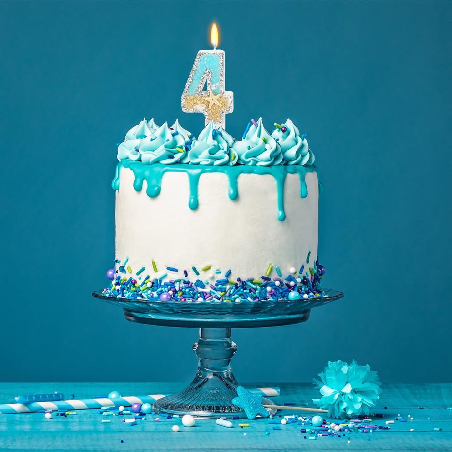 4th Birthday Candle for Cake, Beach Starfish Sequins Candles, 2.76 inch Cake Topper Decoration for Birthday Party (Number 4)